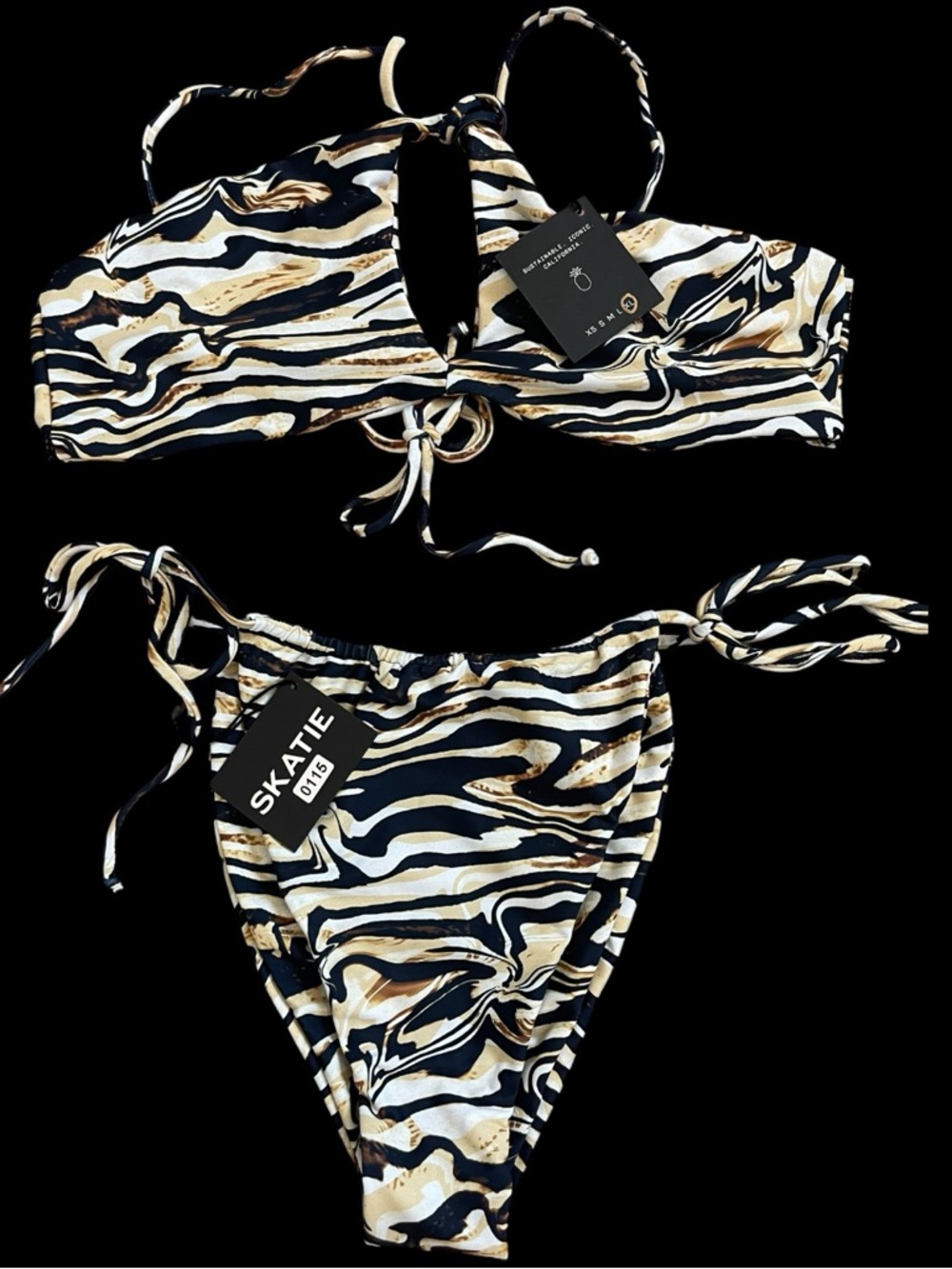 SKATIE Marble Zebra Bikini Set XL Ring Halter Side Tie High Cut NWT